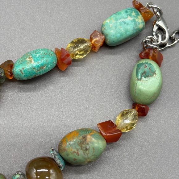 Turquoise Carnelian Agate Necklace Genuine Stone Beads Carved Pendant Statement - Picture 5 of 13